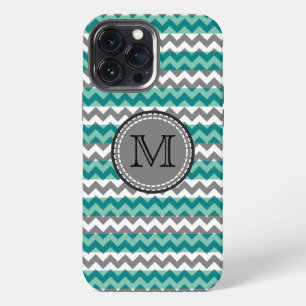 Etui iPhone 13 Pro Max Turquoise et Chevron Gris Zigzag Monogramme