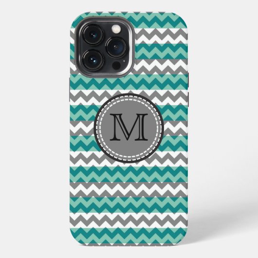 Etui iPhone 13 Pro Max Turquoise et Chevron Gris Zigzag Monogramme (Verso)