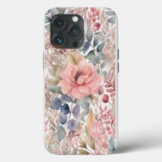 Etui iPhone 13 Pro Monogramme d'aquarelle rose rose-rose rustique