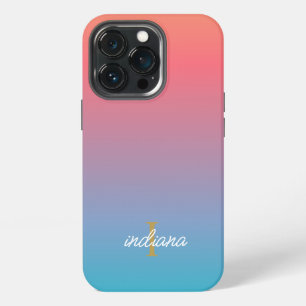 Etui iPhone 13 Pro Monogramme de nom de script moderne ombré bleu ora