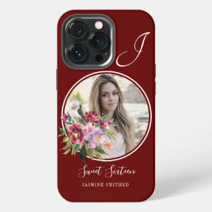 Etui iPhone 13 Pro Monogramme de photo thématique florale bordeaux su