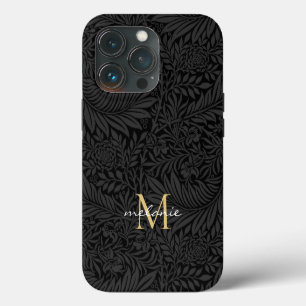 Etui iPhone 13 Pro Monogramme de script floral noir élégant or