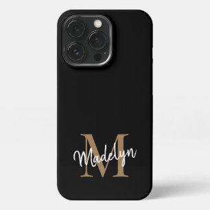 Etui iPhone 13 Pro Monogramme d'or noir moderne Nom du script féminin