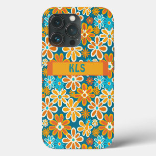 Etui iPhone 13 Pro Monogramme Floral Rétro Groovy Sarcelle Jaune & Or