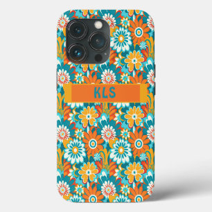 Etui iPhone 13 Pro Monogramme Floral Rétro Groovy Sarcelle Orange & J