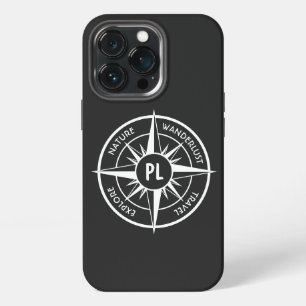 Etui iPhone 13 Pro Monographie d'emblème de compas noir et blanc