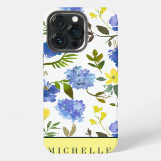 Etui iPhone 13 Pro Monographie des fleurs femelles jaunes et bleues d
