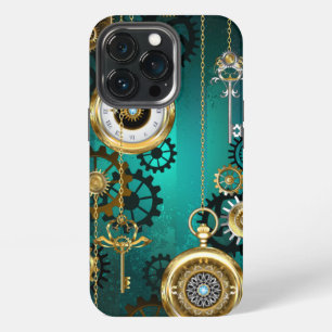 Etui iPhone 13 Pro Montre de bijouterie Steampunk sur fond vert