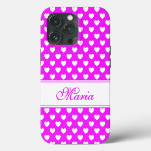 Etui iPhone 13 Pro Motif Cœurs Blancs Rose Flamboyant Et Votre Nom