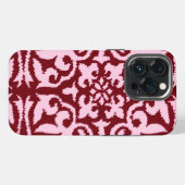 Etui iPhone 13 Pro Motif damassé Ikat - Bourgogne et rose (Verso Horizontal)