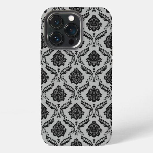 Etui iPhone 13 Pro Motif Damassé Rococo Noir sur Gris (Dos)
