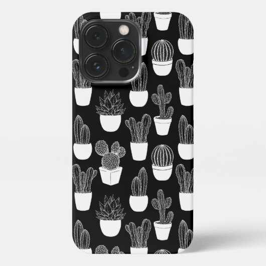 Etui iPhone 13 Pro Motif d'art de la ligne blanche Cactus (Verso)