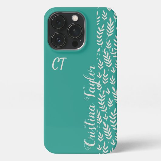 Etui iPhone 13 Pro Motif feuille rose vierge sur turquoise monogrammé (Verso)