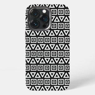 Etui iPhone 13 Pro Motif Triangles+Carrés Aztèques Blanc sur Noir