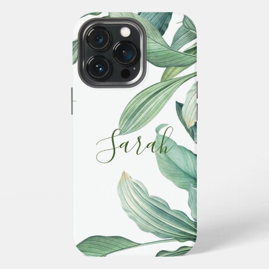 Etui iPhone 13 Pro Nom de monogramme de feuilles tropicales vertes (Dos)
