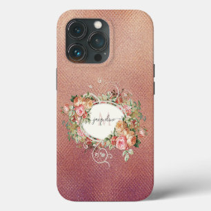 Etui iPhone 13 Pro Nom de style floral rose rose vintage or