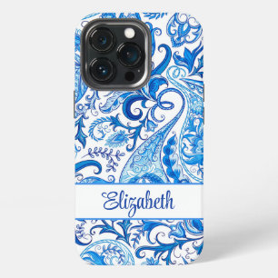 Etui iPhone 13 Pro Nom personnalisé Paisley bleu et blanc