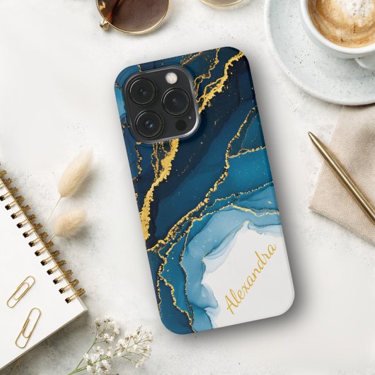 Etui iPhone 13 Pro Nuances de bleu avec encre alcoolique dorée