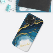 Etui iPhone 13 Pro Nuances de bleu avec encre alcoolique dorée