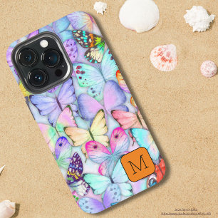 Etui iPhone 13 Pro Papillon initial en aquarelle violette et orange