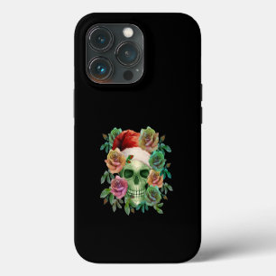 ETUI iPhone 13 PRO PÈRE NOËL DRÔLE CRÂNE VERT ET FLORAL NOËL