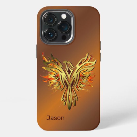 Etui iPhone 13 Pro Phénix en flammes sur bronze (Dos)