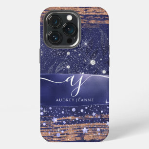 Etui iPhone 13 Pro Rose Gold Pailleté Navy Étoiles Feuillage Script F