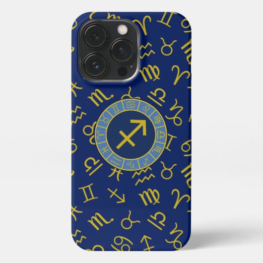Etui iPhone 13 Pro Sagittaire Zodiac+Astrologie Symboles Ptn Gld+Blue (Verso)