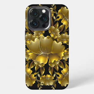 Etui iPhone 13 Pro Sculpture Florale en Or Luxueux