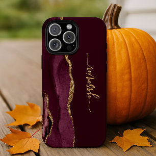 Etui iPhone 13 Pro Signature personnalisée Bourgogne Agate dorée