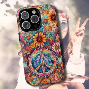 Etui iPhone 13 Pro Signe de paix rétro groovy avec tie-dye hippie