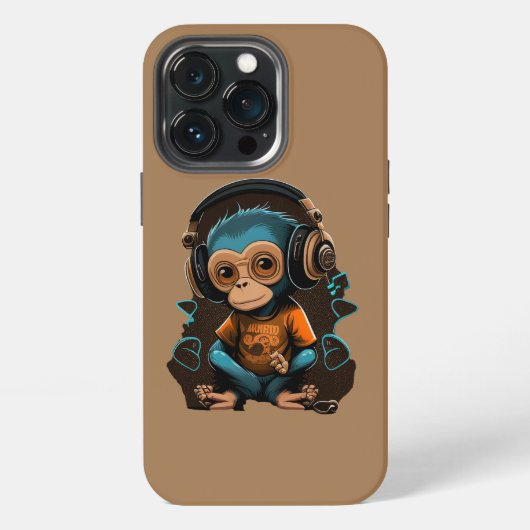 Etui iPhone 13 Pro Singe mignon écoutant de la musique, singe immergé (Dos)