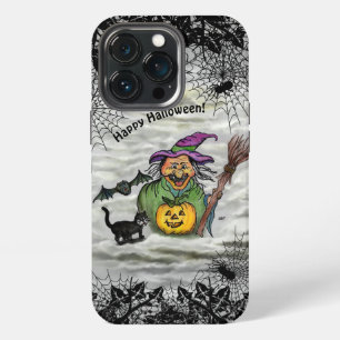 Etui iPhone 13 Pro Sorcière, Chat, Chauve-souris et Citrouille, Joyeu