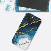 Etui iPhone 13 Pro Tons Bleus Avec Encre D'Alcool Or