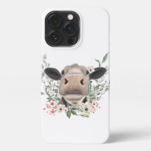 Etui iPhone 13 Pro vaches nez baiser fleurs aquarelle gris animal de 