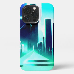 Etui iPhone 13 Pro Ville futuriste Blue and Cyan Gritty
