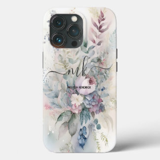 Etui iPhone 13 Pro Vintage Pastel Fleurs Botaniques Nom du monogramme