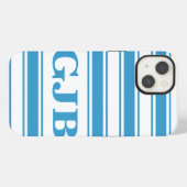 Etui iPhone 13 Rayure horizontale bleue avec monogramme (Verso Horizontal)