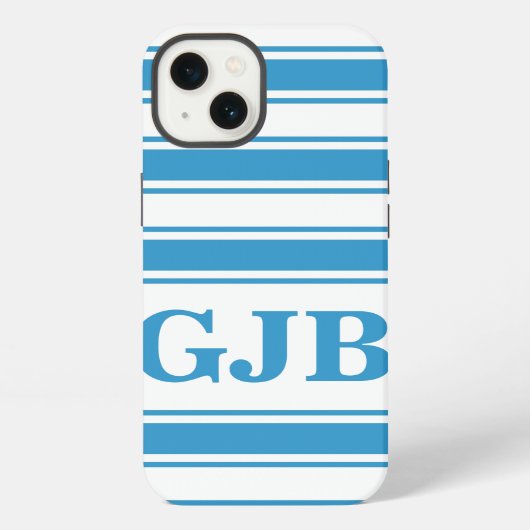 Etui iPhone 13 Rayure horizontale bleue avec monogramme (Verso)