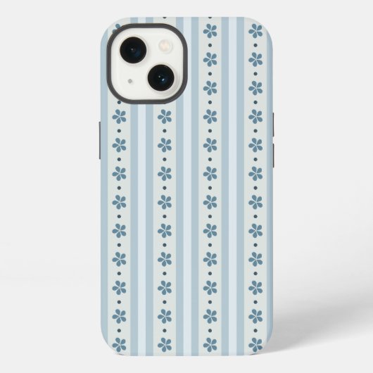 Etui iPhone 13 Rayures Bleues Clair Et Fleurs (Verso)