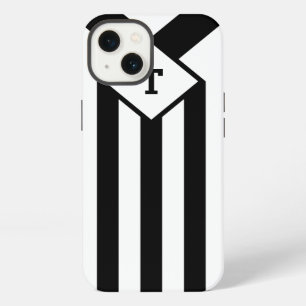 Etui iPhone 13 Rayures noires avec monogramme sur fond blanc