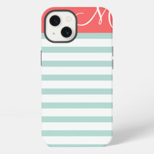 Etui iPhone 13 Rayures Prépa Menthe et Corail Monogramme Personna