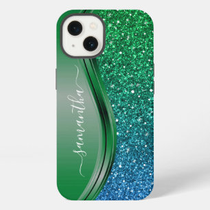 Etui iPhone 13 Regard pailleté Vert Bleu Clair Nom Personnalisé