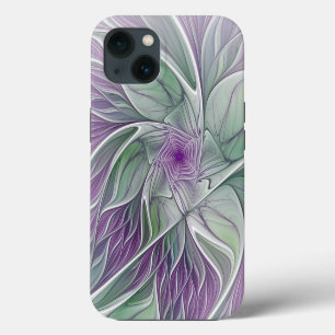 Etui iPhone 13 Rêve de fleurs, Abstrait violet vert Fractal Art