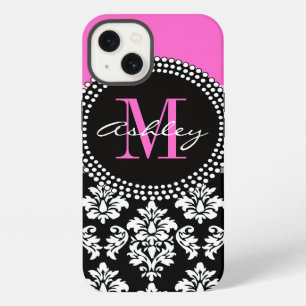 Etui iPhone 13 Rose Chaude Noir Damassé Monogrammé