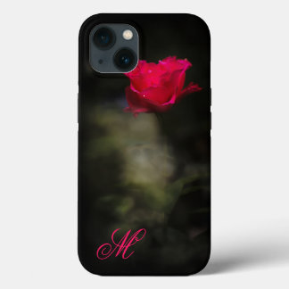 Etui iPhone 13 Rose rouge et fumée blanche. Monogramme.