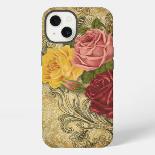 Etui iPhone 13 Roses vintages sur Gold Damask