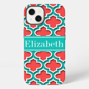 Etui iPhone 13 Rouge corail, sarcelle Marque de monogramme maroca