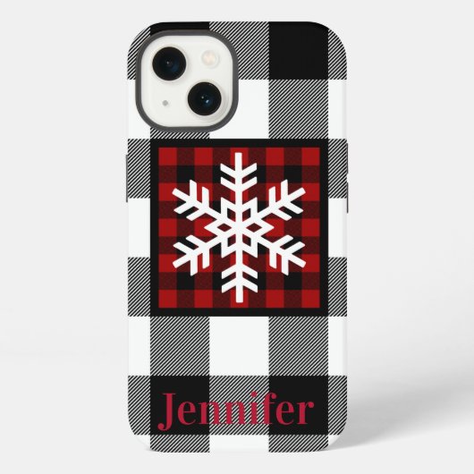 Etui iPhone 13 Rouge, Noir, Plaid de bison blanc, Coque de flocon (Verso)