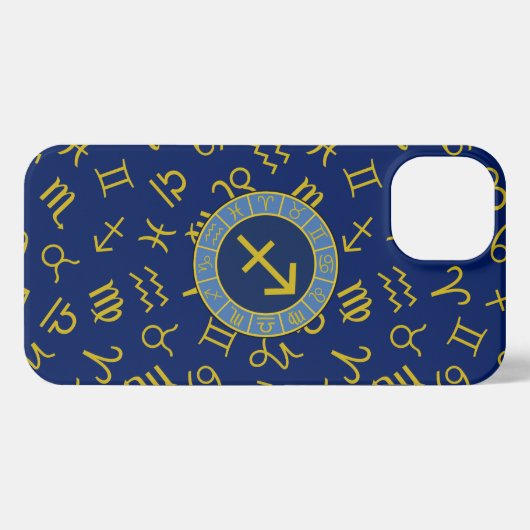 Etui iPhone 13 Sagittaire Zodiac+Astrologie Symboles Ptn Gld+Blue (Verso Horizontal)